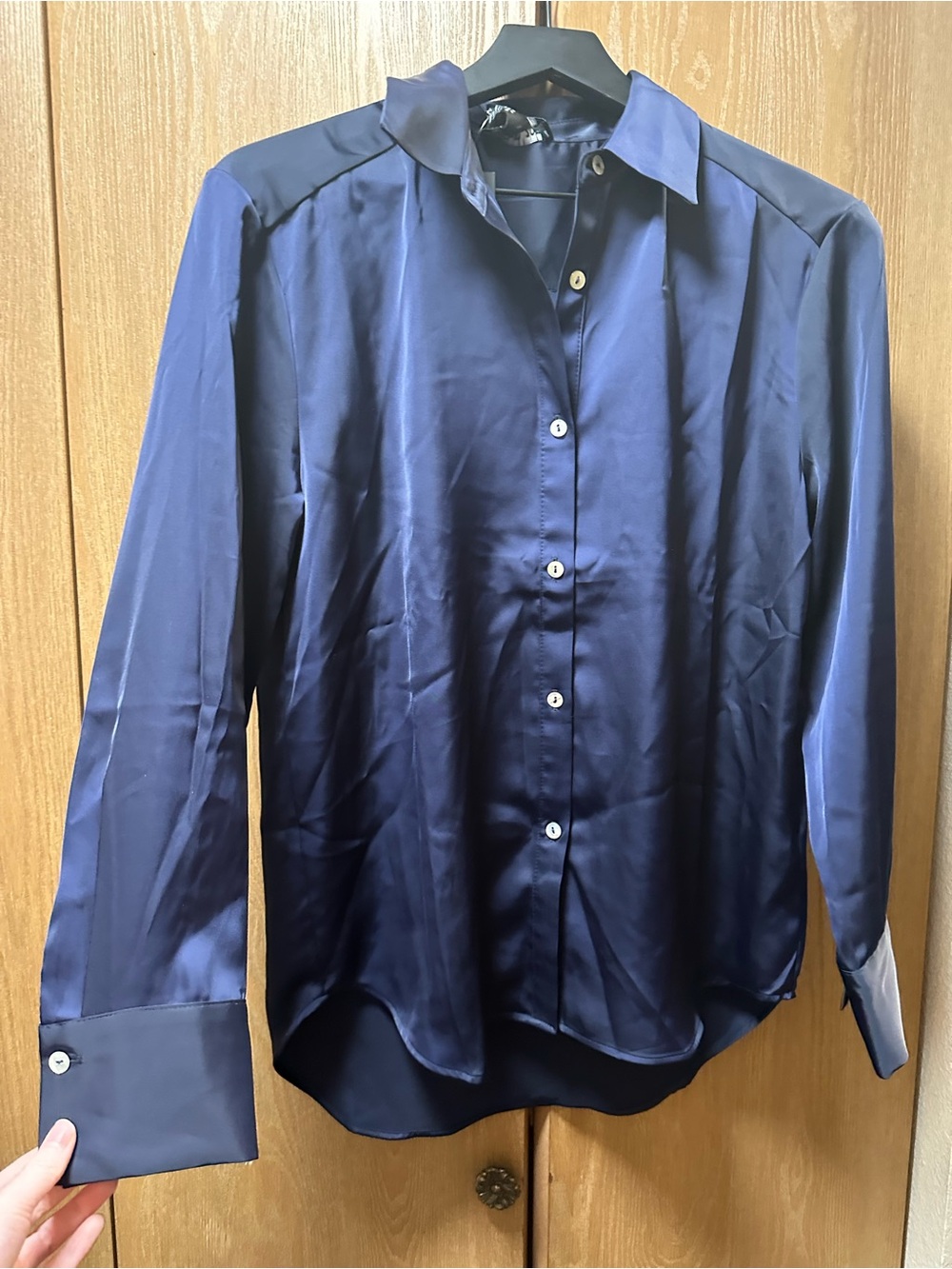 Rachel Zoe Navy Satin Button-Up Shirt